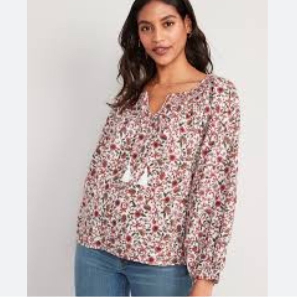 NWT Old Navy Puff-Sleeve Floral Smocked Poet Swing Blouse Top Shirt